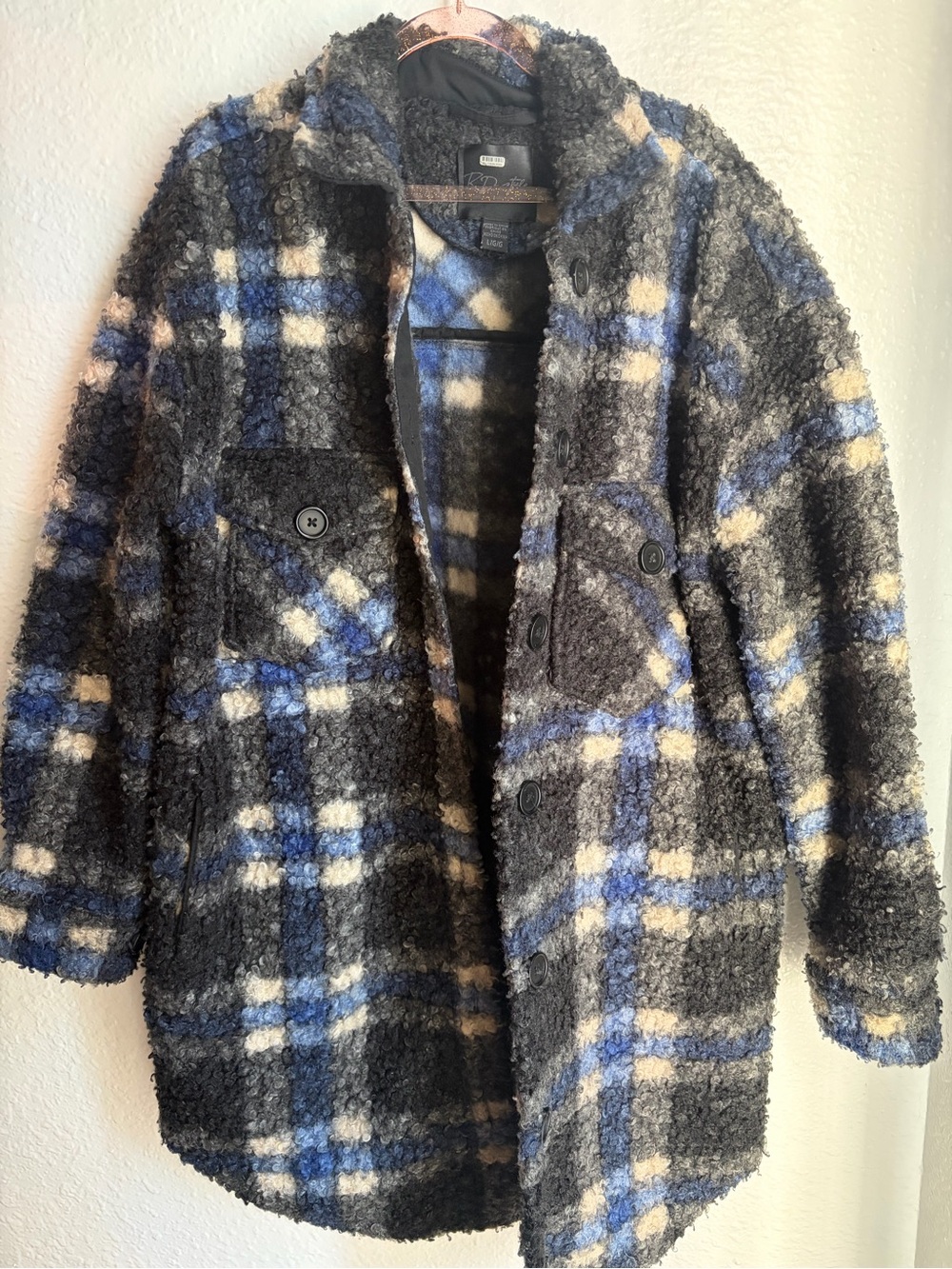 RD Style Plaid Teddy Shacket Jacket - Charcoal, Blue, Cream